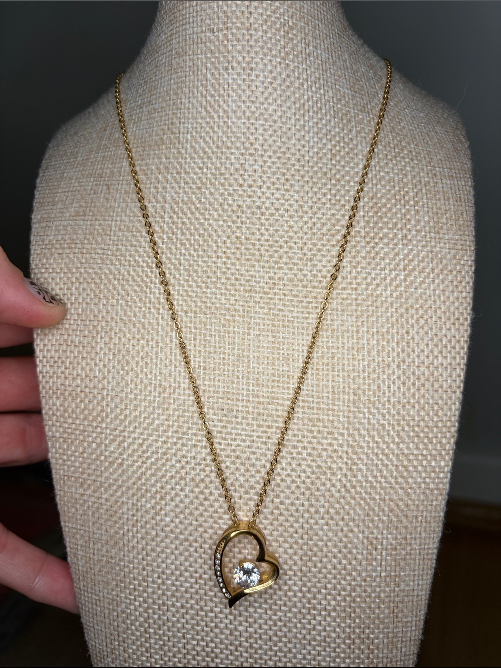 Goldtone Heart Pendant Necklace with Clear Crystal